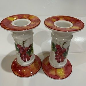 Royal Doulton Vingra Candlesticks Pair of 2 Painted Grapes on Porcelain Ceramic